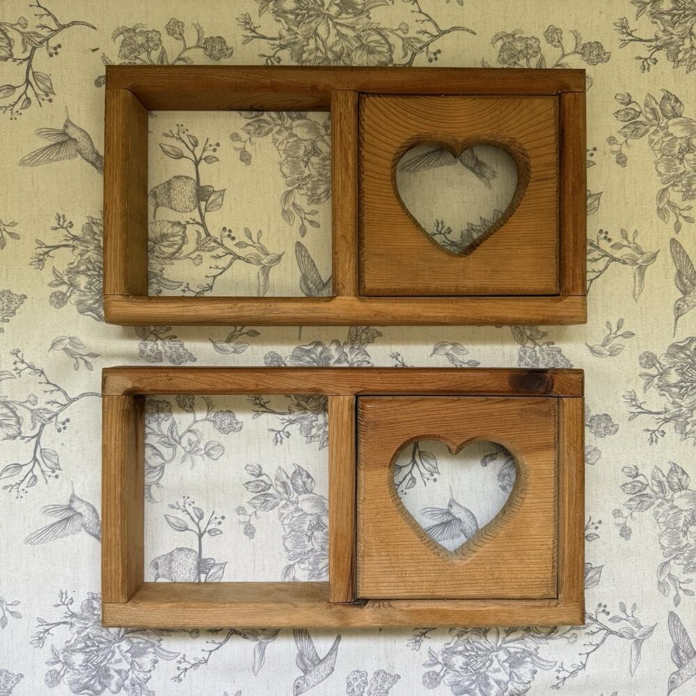 2 Vtg 90s Wooden Heart Cutout Shadow Box Trinket Wall Shelf Cottage Country Home